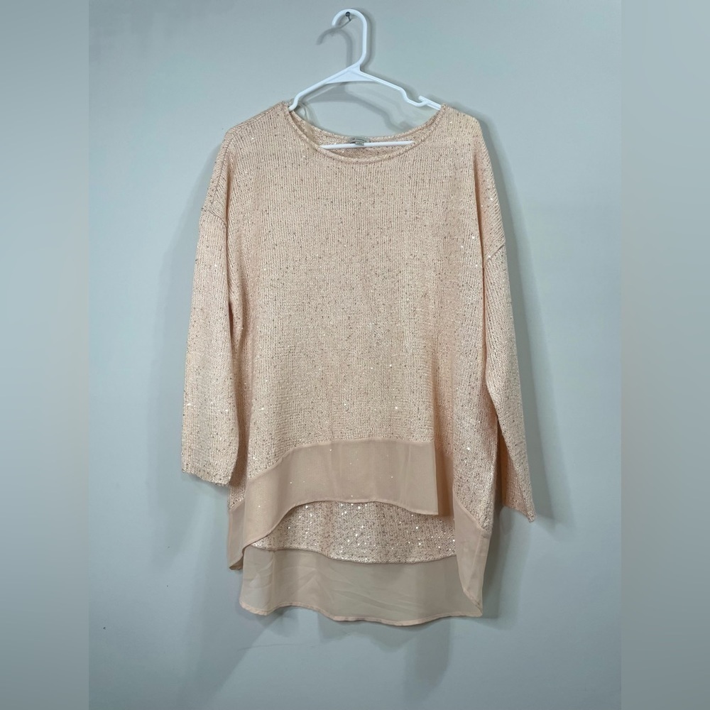 Cremieux Women's Knit Sweater Pink Peach Ada Ballet Oversized Sequins Large